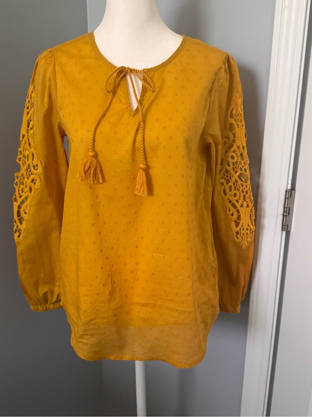 NWT Women's Mustard Swiss Dot, Crochet-Sleeve Tie-Neck Blouse Size XS